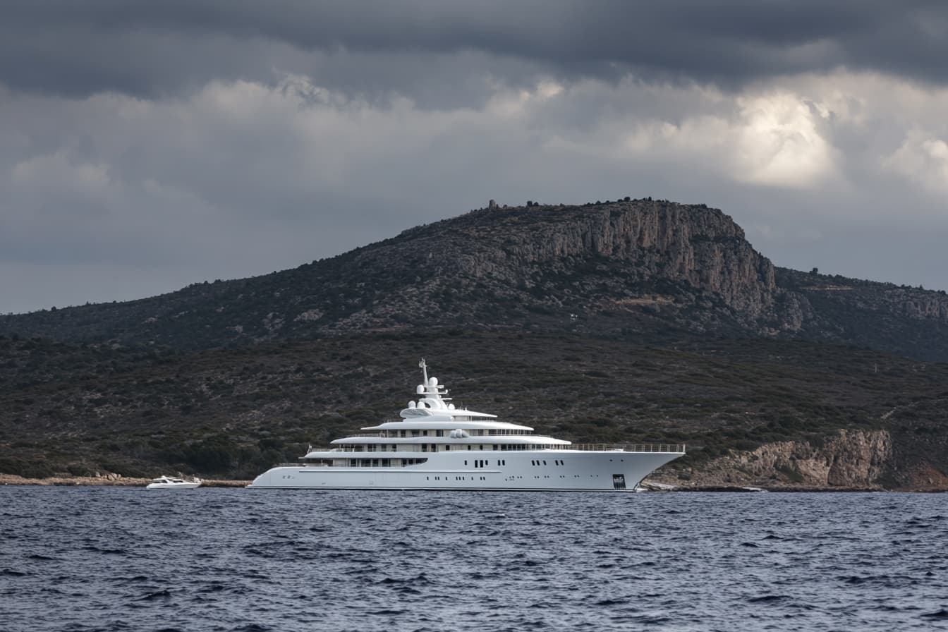 Superyacht hull under construction in covered shipyard building hall — steel frames and deck plating visible