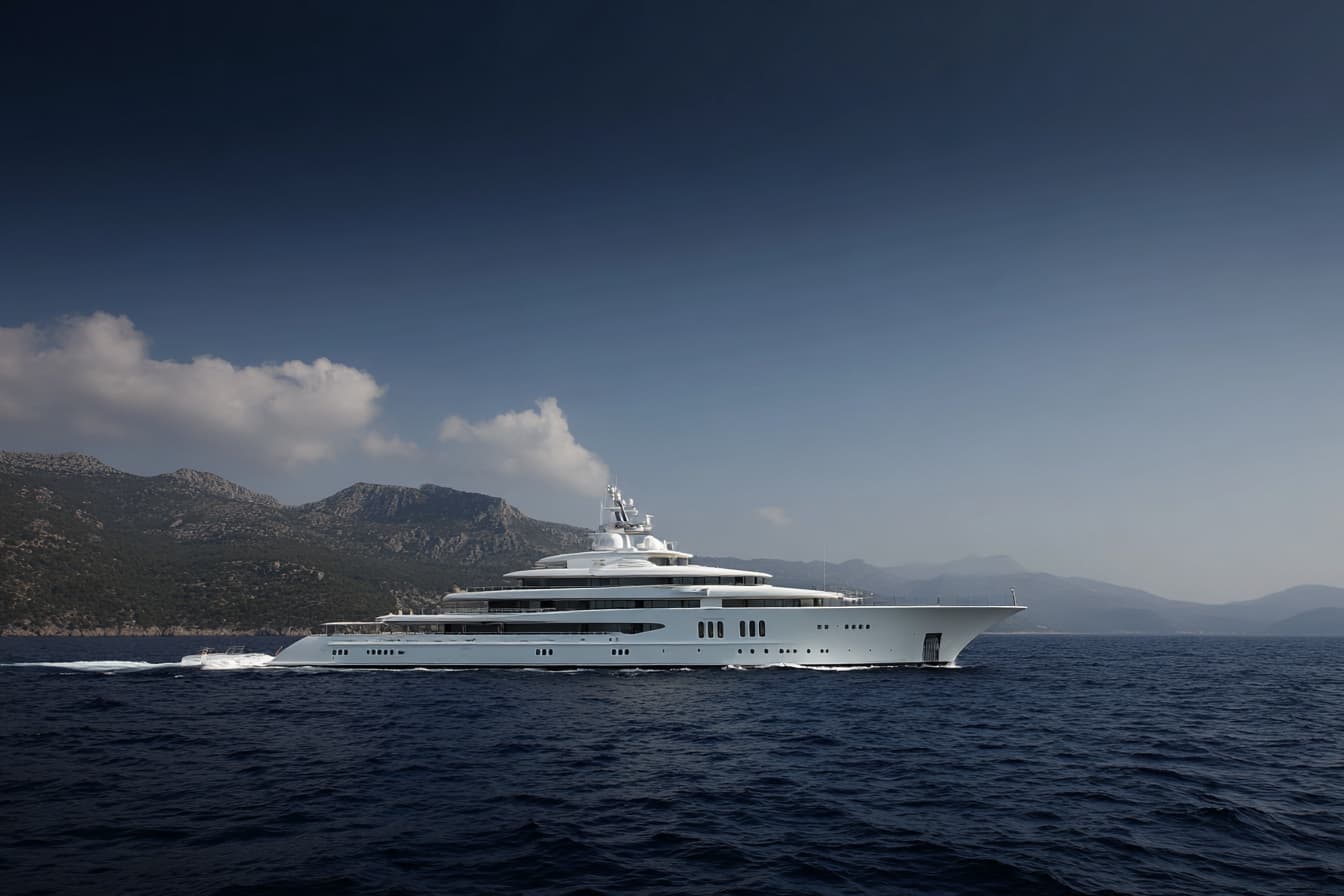 Lürssen superyacht hull under construction in covered building hall at Bremen-Vegesack shipyard 2026